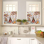 Fall Gnomes Kitchen Curtain Set, Thanksgiving Maple Leaf Grey Wood Grain Window - Image 4