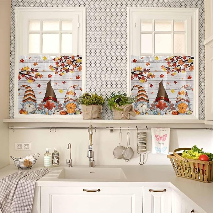 Fall Gnomes Kitchen Curtain Set, Thanksgiving Maple Leaf Grey Wood Grain Window - Image 4
