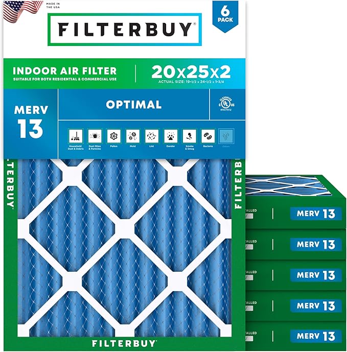 Filterbuy 20x25x2 Air Filter MERV 13 Optimal Smoke & Allergy Defense, by Filterbuy