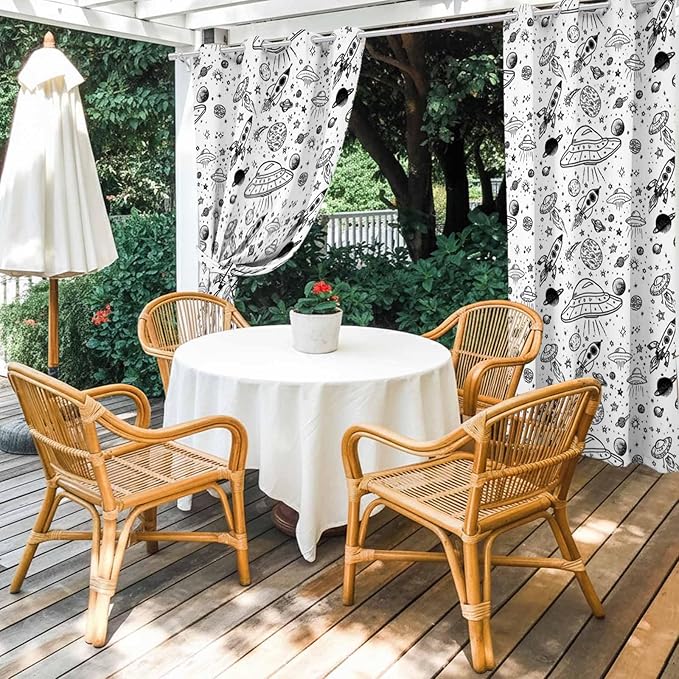 Cartoon Space Outdoor Curtains for Patio Rockets Astronauts Planets Black - Image 4