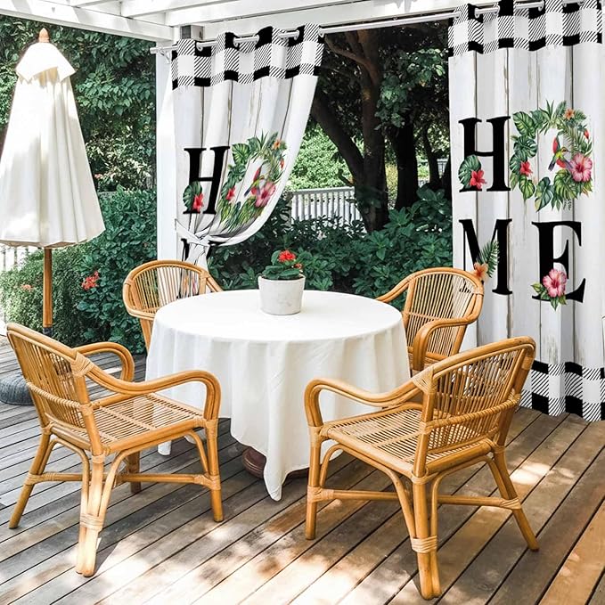 Summer Outdoor Curtains for Patio Leaves Garland Plumeria Wood Buffalo Plaid - Image 4