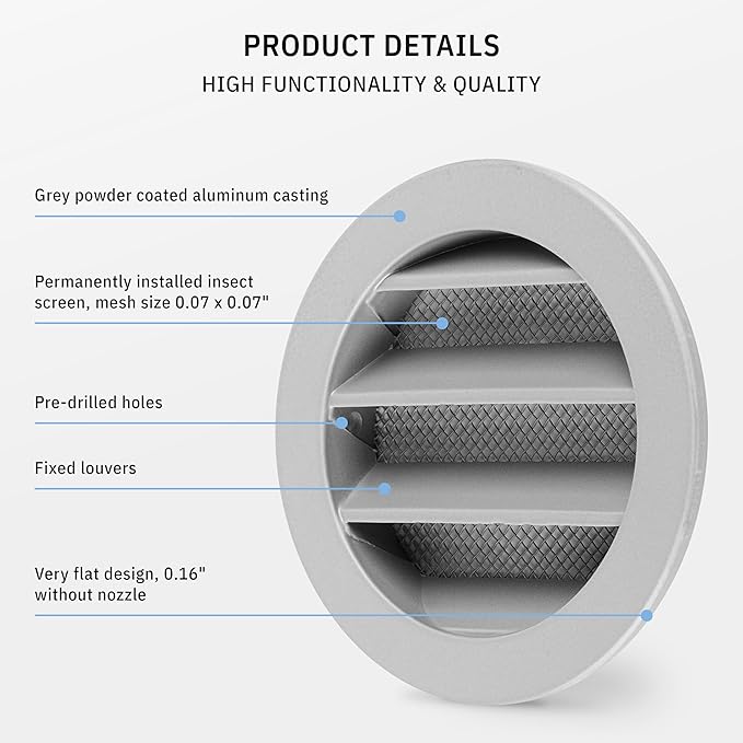 calimaero® WSGG 3" Inch Gray Round Metal Air Vent Grill Cover Flat Louver - Image 4
