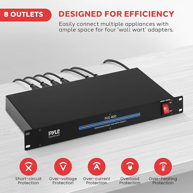 Pyle 1800W 8-Outlet Rack Mount Power Conditioner - 15 Amp Surge Protector - - Image 2