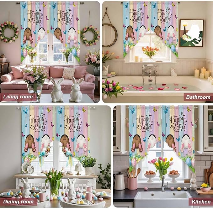 Swag Curtain Valances for Kitchen Windows, Happy Easter Rabbit Butt Egg on - Image 8