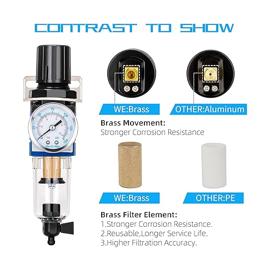 NANPU 1/4" NPT Compressed Air Filter Regulator Combo Piggyback, 5 Micron Brass - Image 5