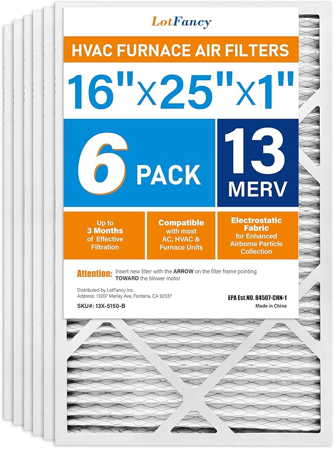LotFancy 16x25x1 Air Filter MERV 13 6-Pack, Electrostatic Pleated HVAC Furnace by LotFancy