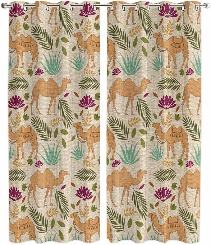 2 Panel Kitchen Cafe Curtains, Desert Camels Sunlight Filtering Nature Air by Hokiten