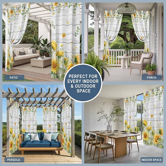 Sunflowers Outdoor Curtains for Patio Summer Floral Eucalyptus Leaf Wood Plank - Image 8