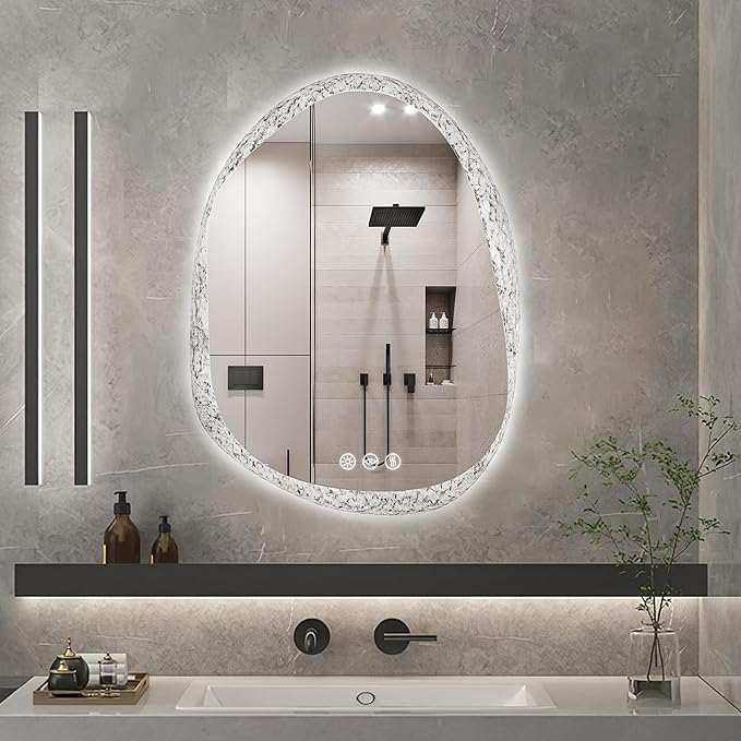 LUVODI Lighted LED Bathroom Mirror: 28”x20”Irregular Stone Pattern Frosted Wall - Image 3