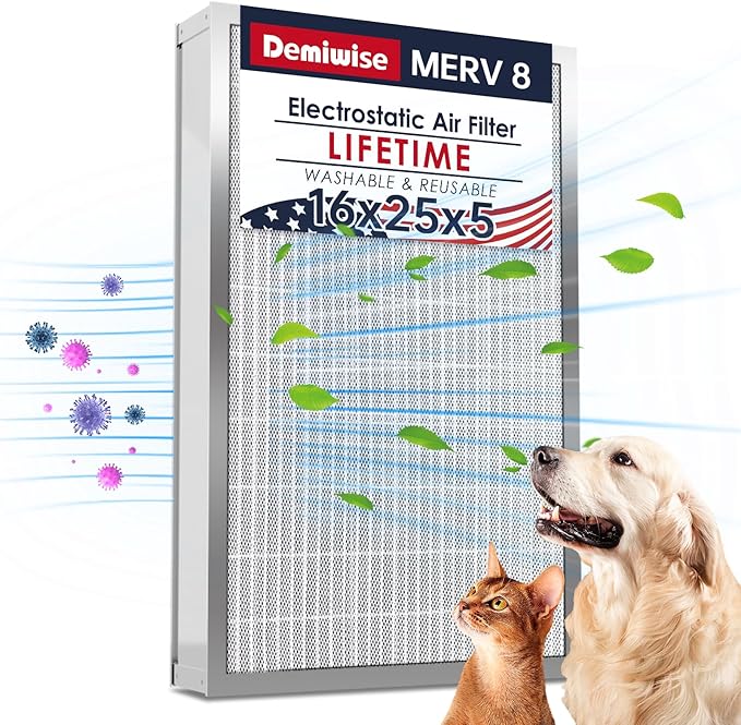 16x25x5 Reusable Electrostatic Air Filter, MERV 8 Lifetime Aluminum AC/HVAC by Demiwise