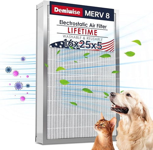 16x25x5 Reusable Electrostatic Air Filter, MERV 8 Lifetime Aluminum AC/HVAC by Demiwise