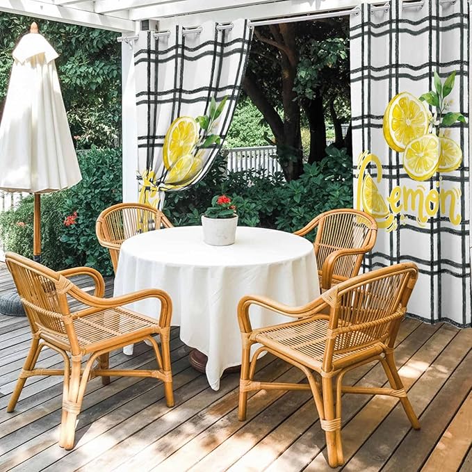 Lemon Outdoor Curtains for Patio Lemon Leaves Summer Plaid Buffalo Waterproof - Image 4