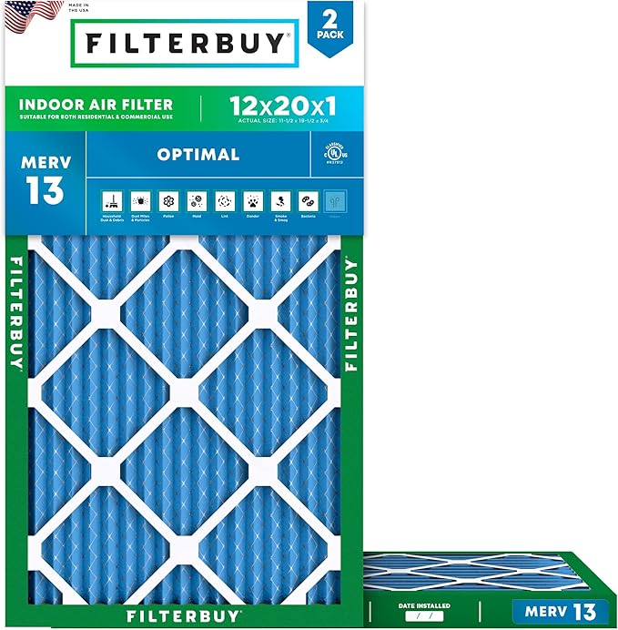 Filterbuy 12x20x1 Air Filter MERV 13 Optimal Smoke & Allergy Defense, by Filterbuy