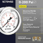 2-1/2" Dial Size, 0-200 Psi Pressure Gauge, Glycerin Liquid Filled, 1/4" NPT - Image 2