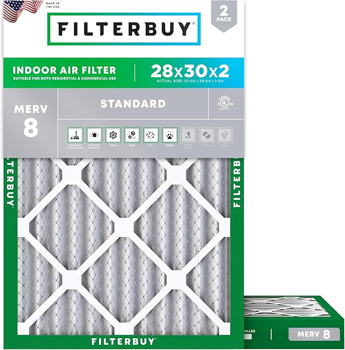 Filterbuy 28x30x2 Air Filter MERV 8 Essential Dust & Allergy Defense, by Filterbuy
