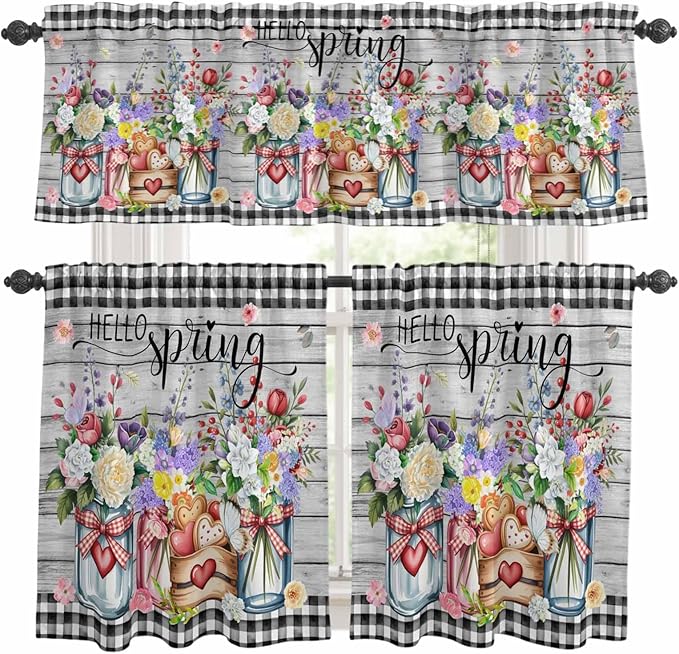 Kitchen Curtains Tiers and Valance Set of 3, Spring Flowers Light Filtering by Anzona