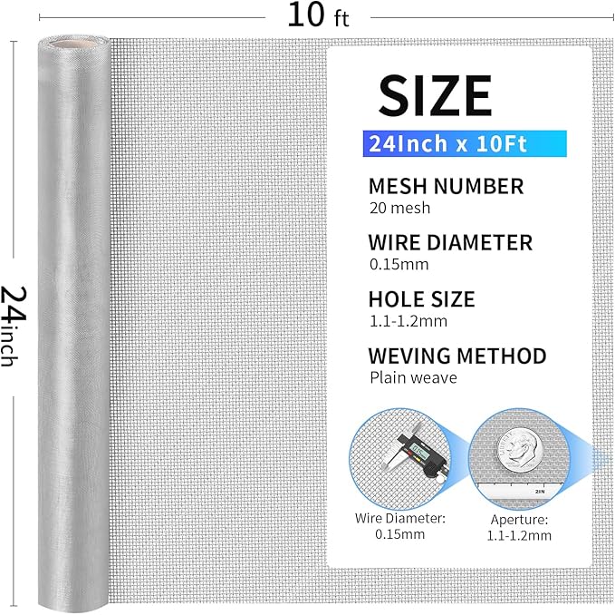 304 Stainless Steel Mesh, 24in x 10ft, 20 Mesh, Sturdy Metal Screen Roll - Image 3