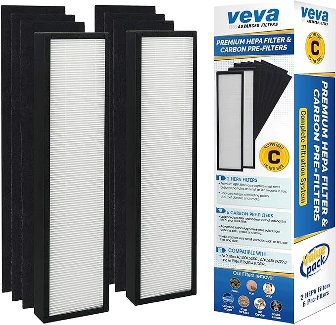 Veva 2 HEPA Air Filters & 6 Carbon Pre-Filters Replacement Filter C Compatible by VEVA