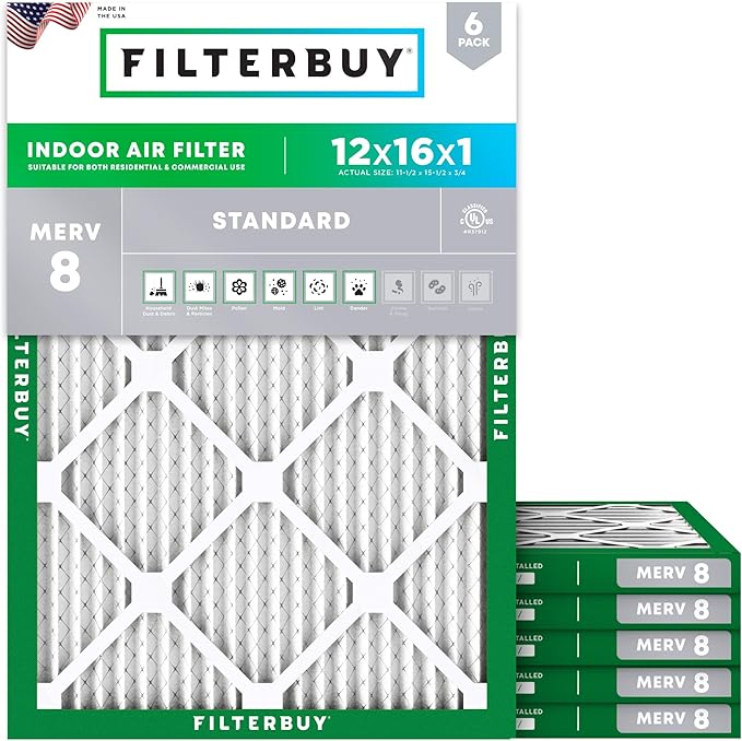 Filterbuy 12x16x1 Air Filter MERV 8 Essential Dust & Allergy Defense, by Filterbuy