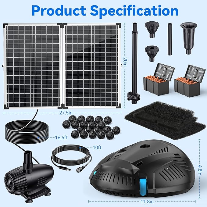 POPOSOAP Pond Filter with 55W Solar Fountain Pump, Solar Pond Filter with - Image 6