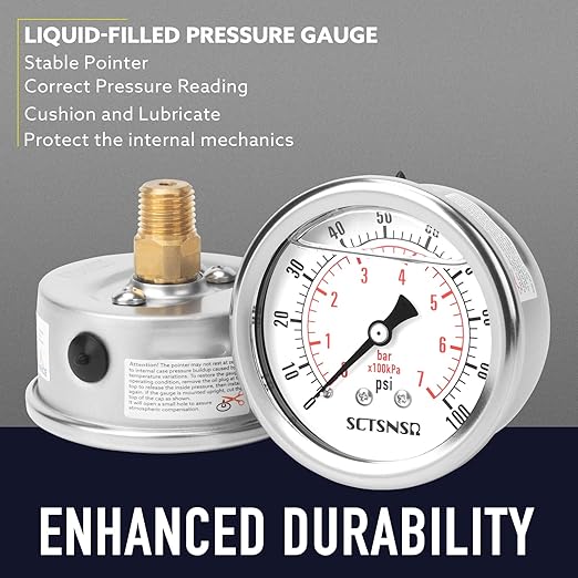 2-1/2" Dial Size, 0-100 Psi Pressure Gauge, Glycerin Liquid Filled, 1/4" NPT - Image 3