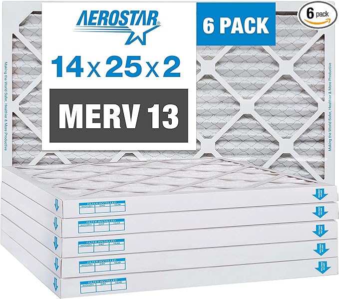 Aerostar 14x25x2 MERV 13 Pleated Air Filter, AC Furnace Air Filter, 6 Pack by AirFiltersDelivered