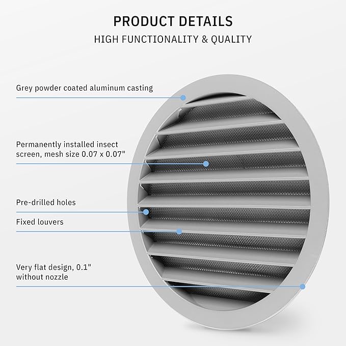 calimaero® WSGG 8" Inch Gray Round Metal Air Vent Grill Cover Flat Louver - Image 4