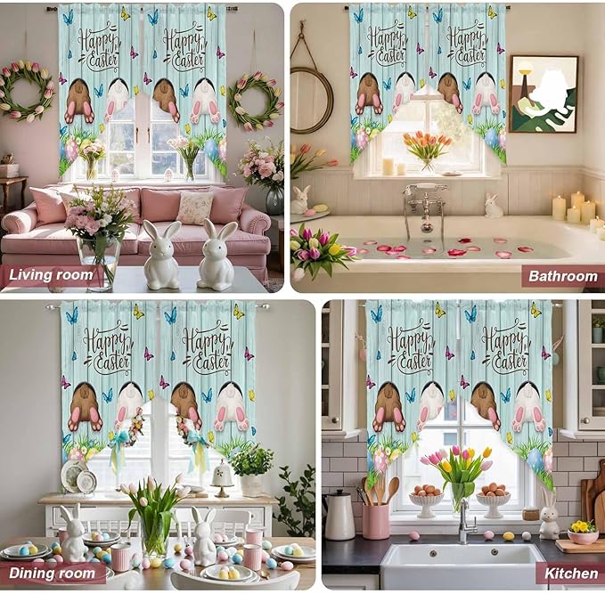 Swag Curtain Valances for Kitchen Windows, Happy Easter Bunny Butt Egg Floral - Image 8