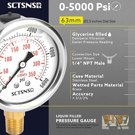 2-1/2" Dial Size, 0-5000 Psi Pressure Gauge, Glycerin Liquid Filled, 1/4" NPT - Image 2