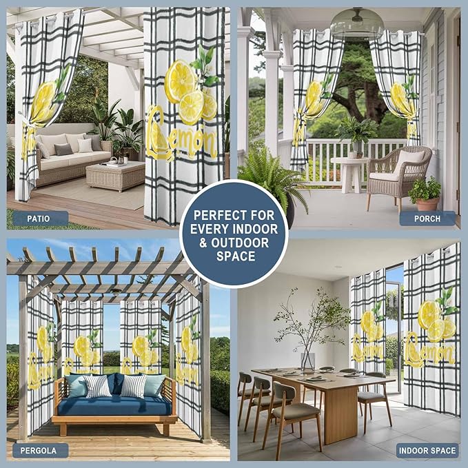 Lemon Outdoor Curtains for Patio Lemon Leaves Summer Plaid Buffalo Waterproof - Image 8