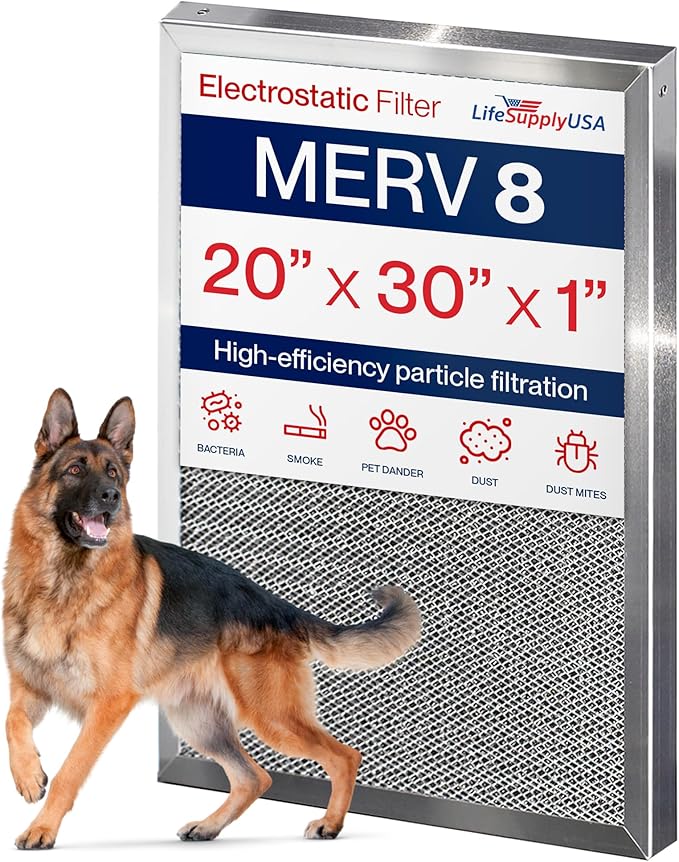 20x30x1 Electrostatic Air Filter, MERV 8, Reusable Furnace AC/HVAC Filter by LifeSupplyUSA
