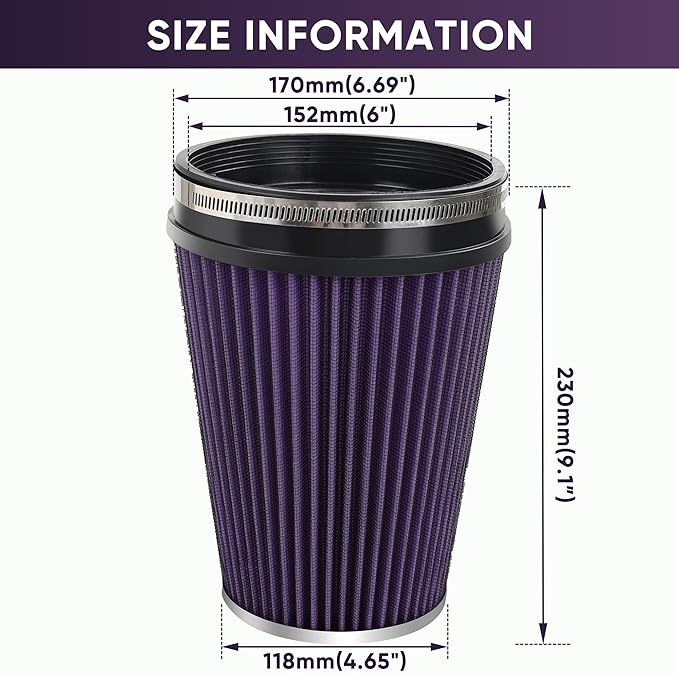 6" 152mm Cold Air Intake Filter Clamp-On Replacement High Flow Inlet Air Filter - Image 2