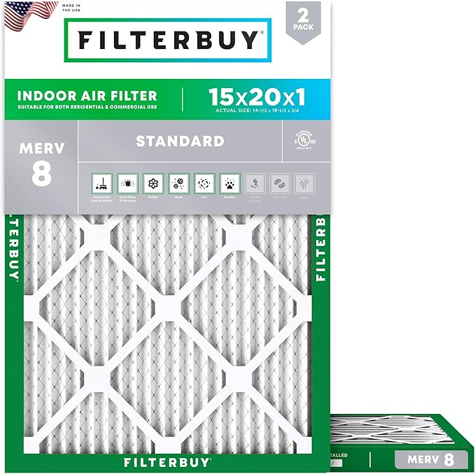 Filterbuy 15x20x1 Air Filter MERV 8 Essential Dust & Allergy Defense, by Filterbuy